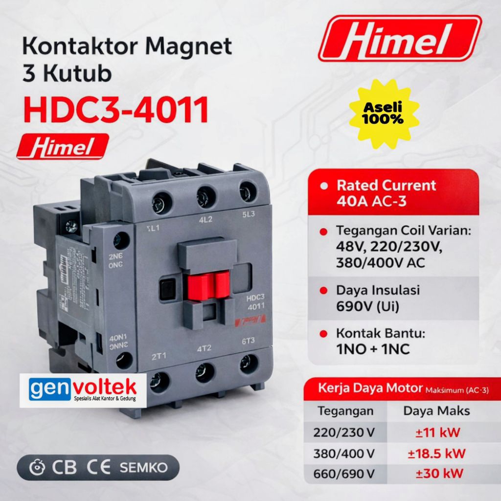 Contactor Himel HDC3 4011 40A AC3 3 Pole Coil AC Panel Motor Control Industrial Grade Varian 9A HDC3