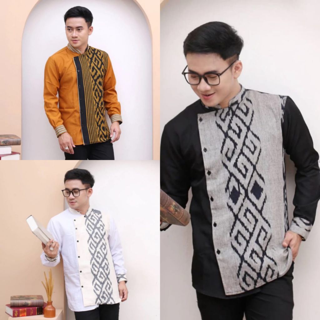 Baju Koko Pria Lengan Panjang Kombinasi Tenun Troso Premium Eksklusif Modern dari Katun Toyobo Adem 