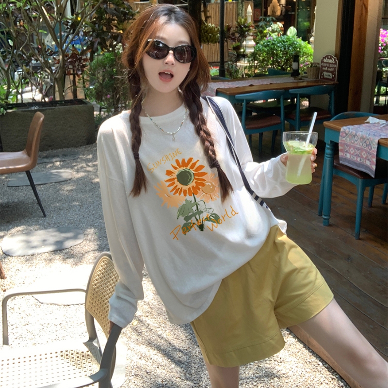 YIKOO - Lengan Panjang Kaos Oversize T Shirt Bunga Matahari Cetak Atasan Wanita