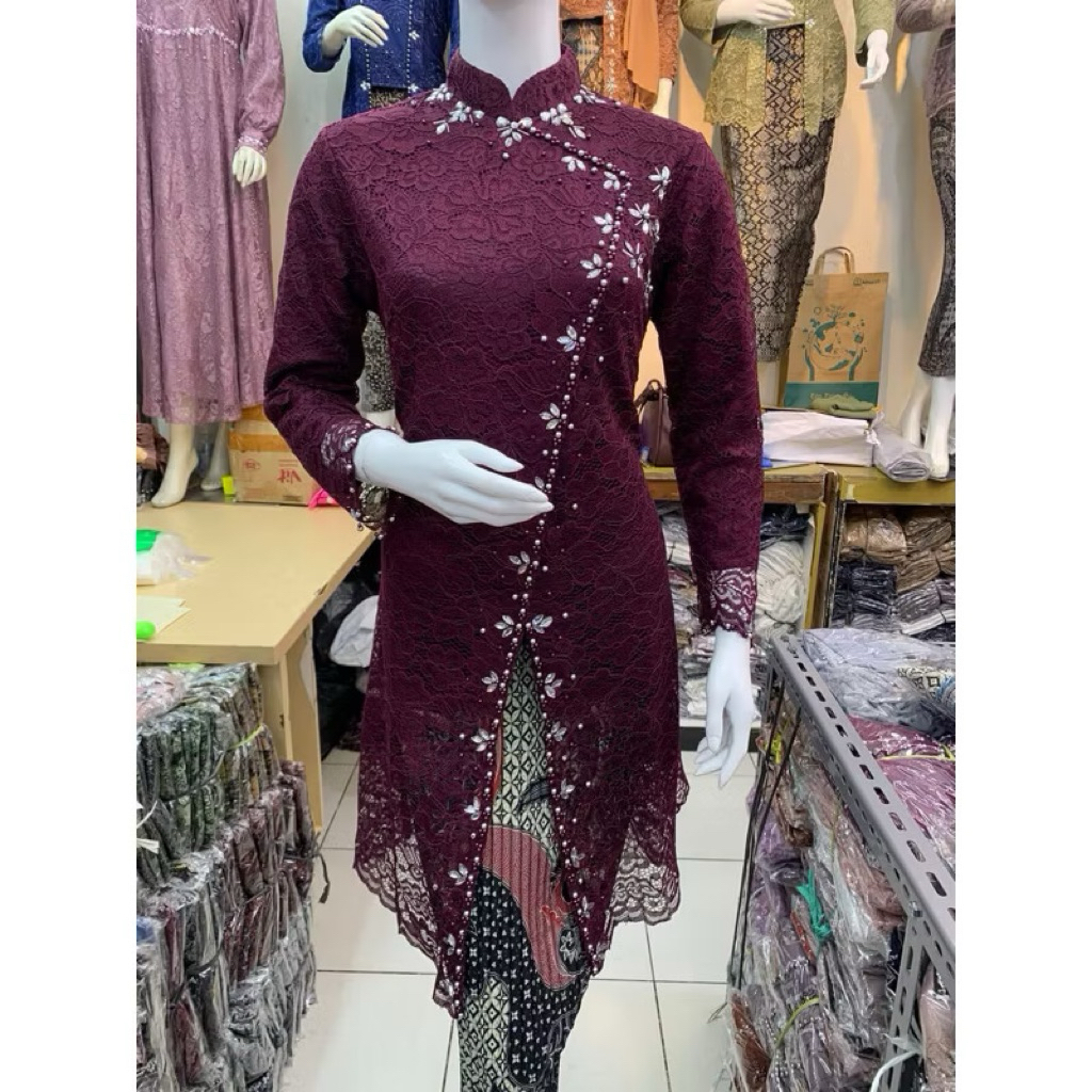 Setelan Kebaya Tunik Tamara Brokat Payet Rok Plisket Atasan Kebaya Janggan Payet Kebaya Janggan Jumb