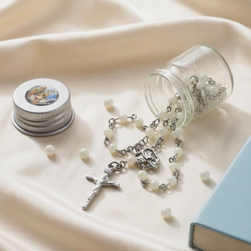 Kalung Rosario Katolik Kecil Mini Manik 4mm Mutiara Putih Botol Kaca Grosir Unik Aksesoris Salib Wan