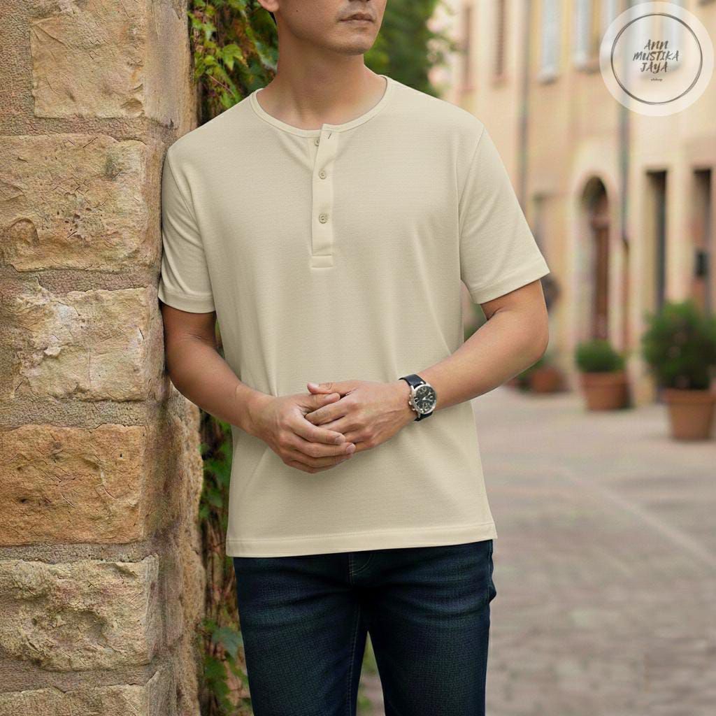 Kaos Henley Pria Linen Premium Baju Kancing Depan Polos Putih T-Shirt Pria Korea Style Atasan Cowok 