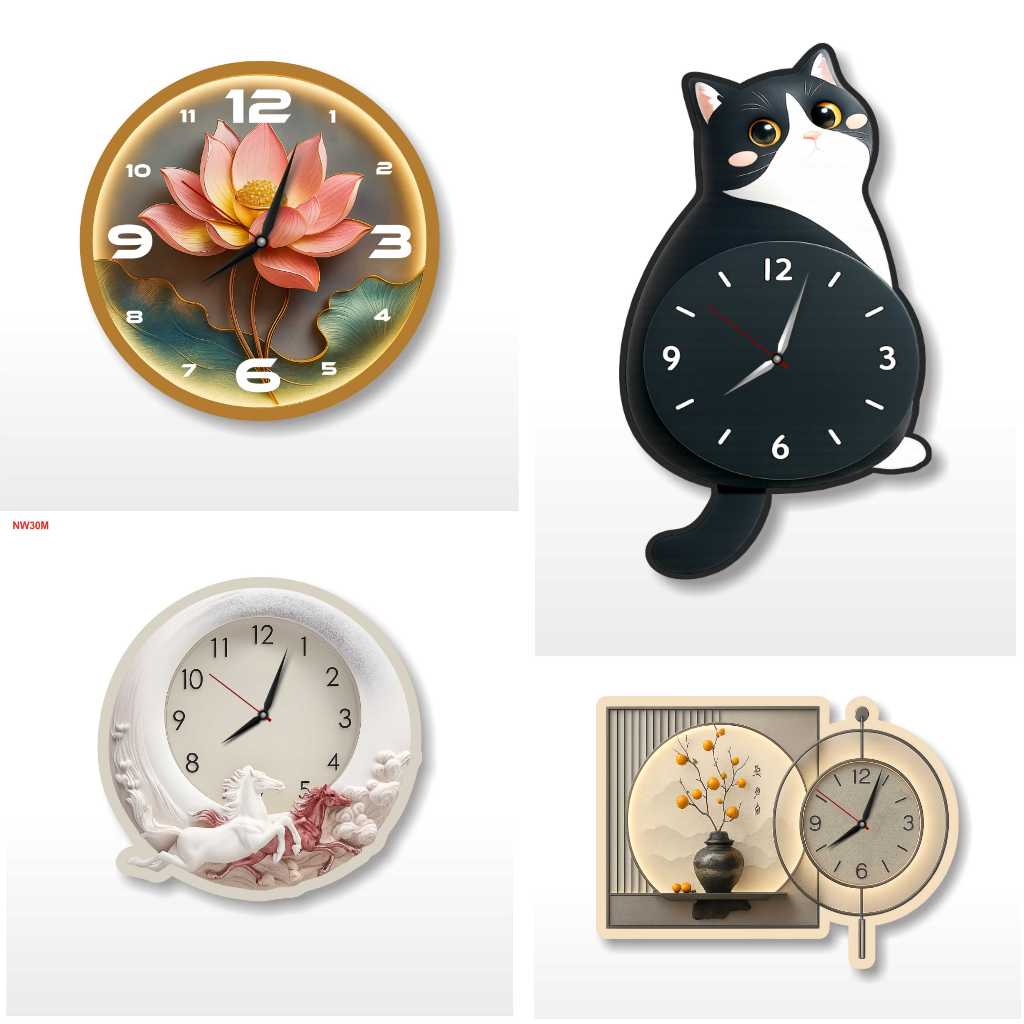 Jam Dinding Lotus Gold Aesthetic Kucing Hitam Kuda Putih 3D Minimalis Japandi