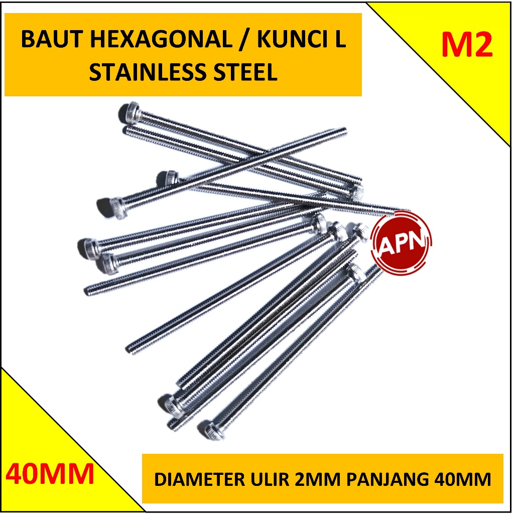 50PCS BAUT L / BAUT HEXAGONAL M2 STAINLESS STEEL PANJANG 40MM