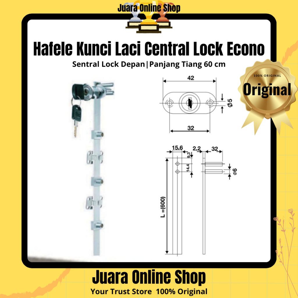 HAFELE KUNCI LACI CENTRAL LOCK + TIANG 60 CM CENTRAL LOCKING 600 MM - KUNCI SENTRAL UNTUK LACI / KAB
