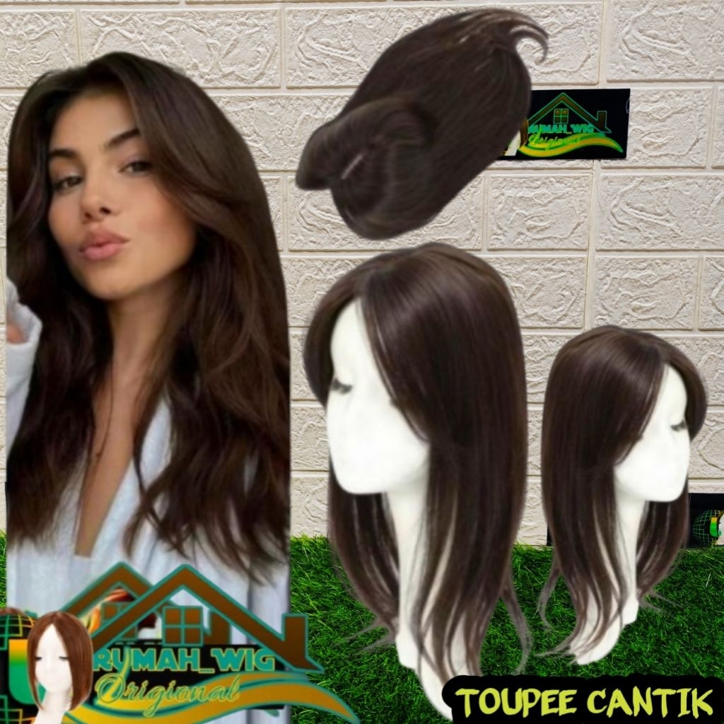 Toupee Wanita/ Wig Toupee Wanita Pendek Penutup Botak Wanita Warna Hitam Natural Panjang 35 cm