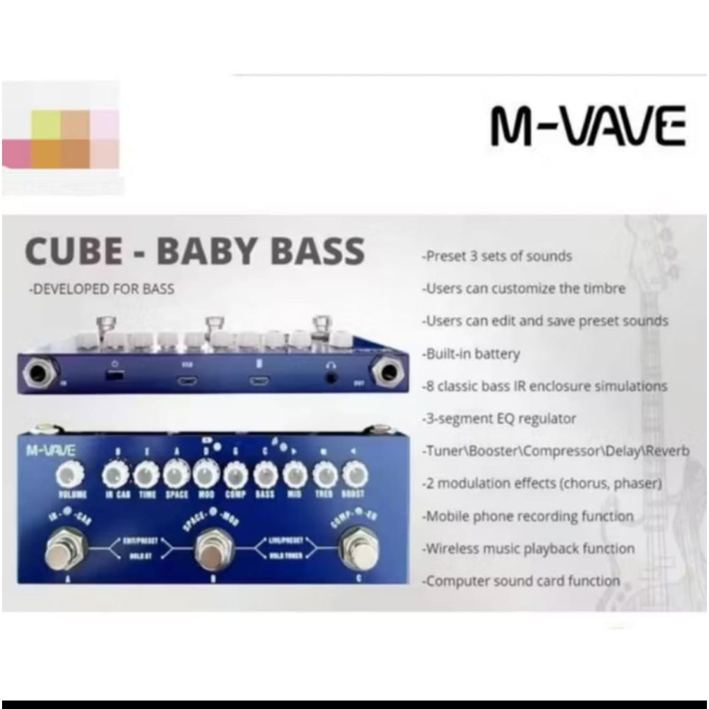 m vave cube baby gitar akustik/gitar elektrik/bass multy effect pedal rechargeable dan recording mva