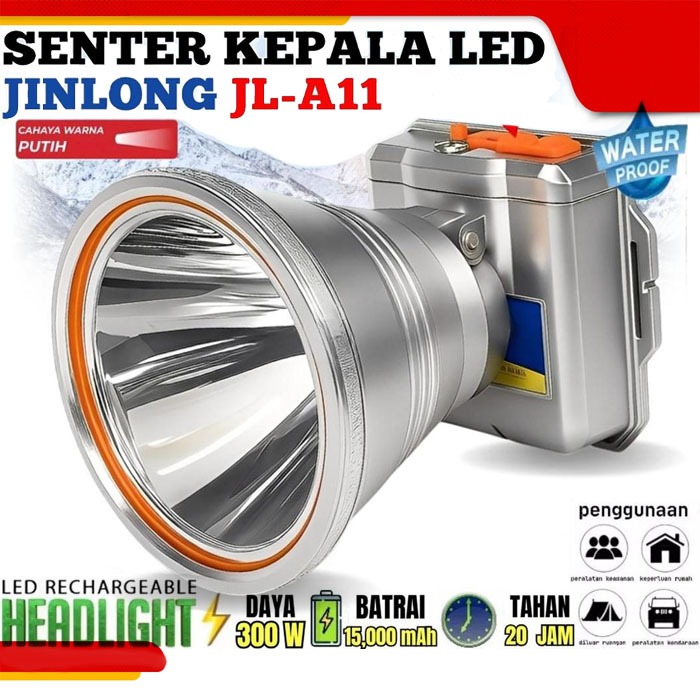 JinLong Senter Kepala LED JL-A11 300W Cahaya Putih Tahan Air Rechargeable Headlamp Terang