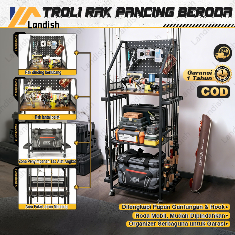 Troli Rak Joran Pancing 10 Slot Beroda Multifungsi - Tempat Penyimpanan Alat Pancing Garasi COD Nama