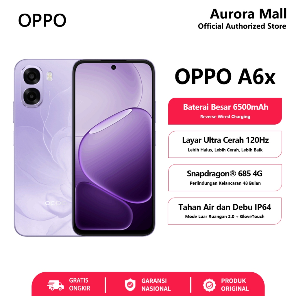 [NEW] OPPO A6x 4/128GB (4+4GB Extended RAM) Snapdragon 685 Garansi Resmi Indonesia HP Terbaru 2026
