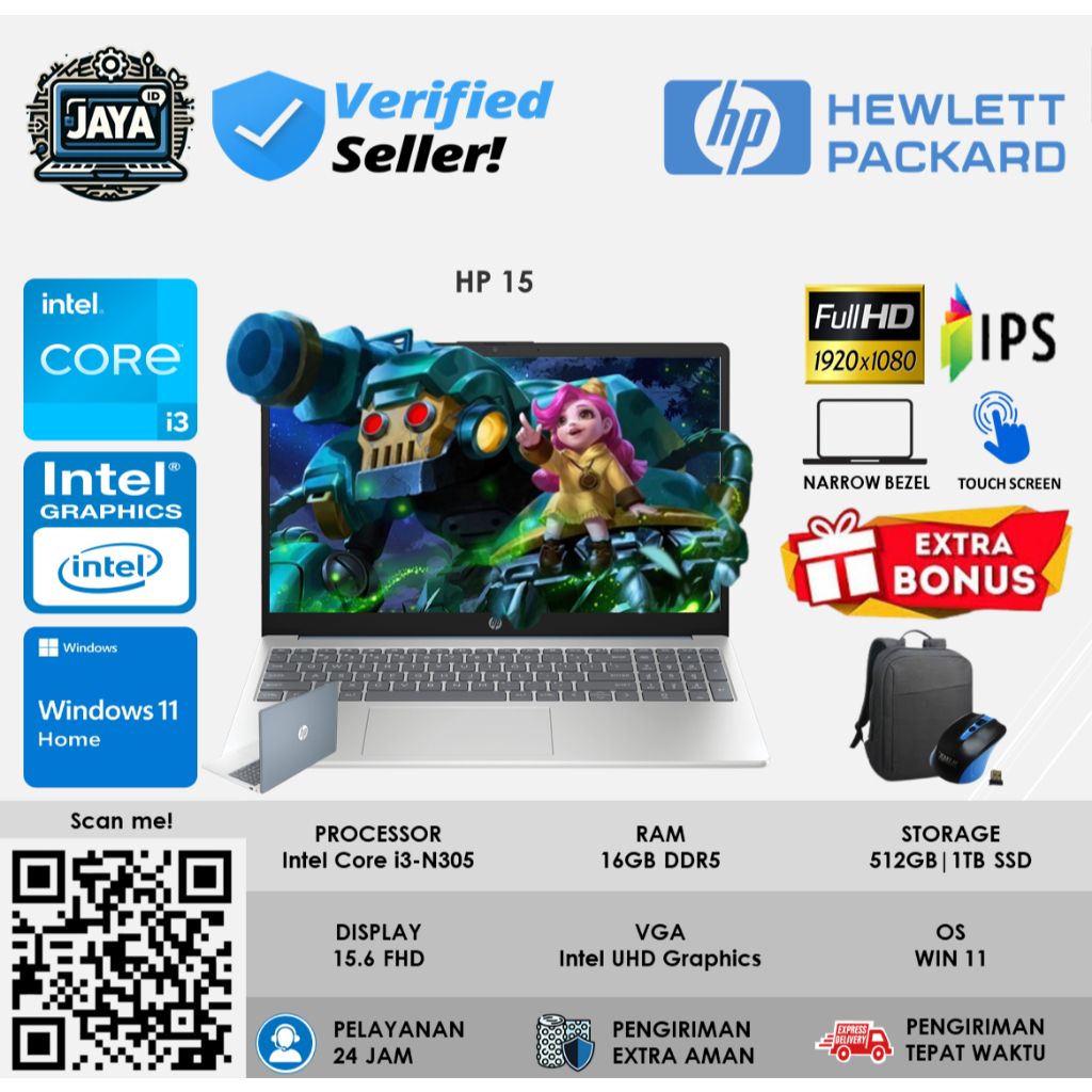 Laptop HP 15 Intel Core I3 N305 8GB 256GB 15.6 FHD IPS Touch Screen  Windows 11 Home