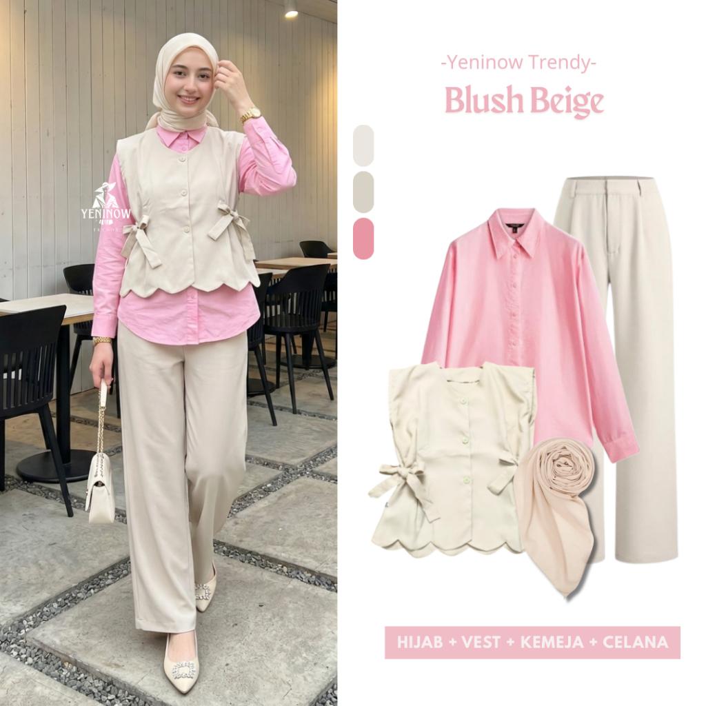 Blush Beige One Set 4in1 Korea (Vest, Kemeja, Celana, Jilbab) Setelan Wanita Kekinian Trendi Ootd Re