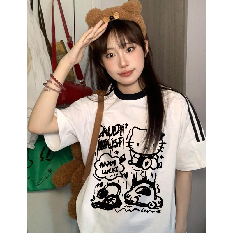 YIKOO - Kaos Oversize T Shirt Lengan Pendek Kucing Dan Pola Mobil Wanita Baju