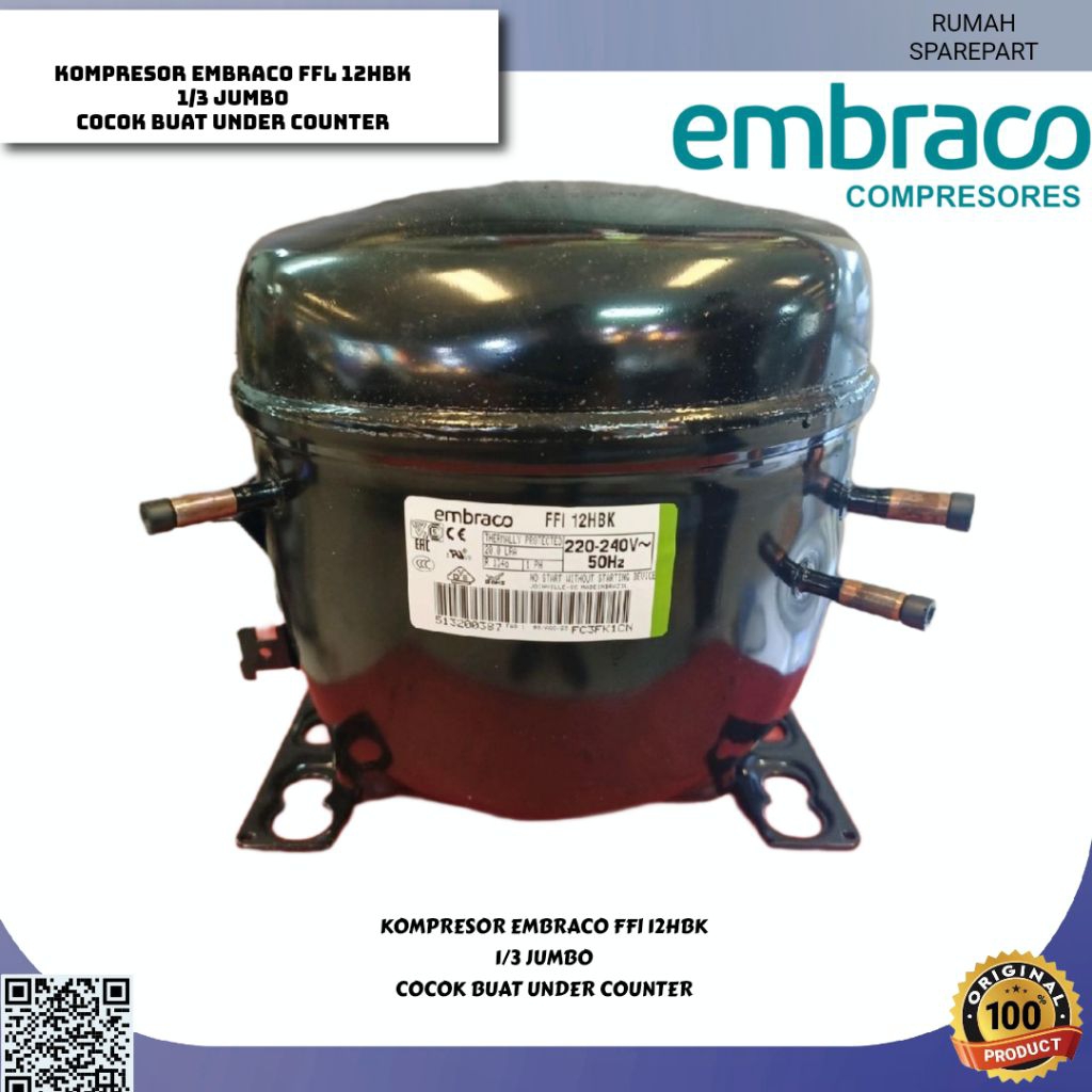 KOMPRESOR EMBRACO EGU 130HLR 1 /3 MADE IN BRAZIL R134a CABUTAN UNIT BARU NEW