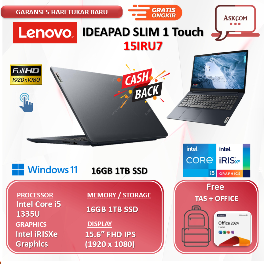 Lenovo Ideapad Slim 1i Touch 15IRU7 Intel Core i5 1335U 16GB 1TB SSD 15.6FHD IPS