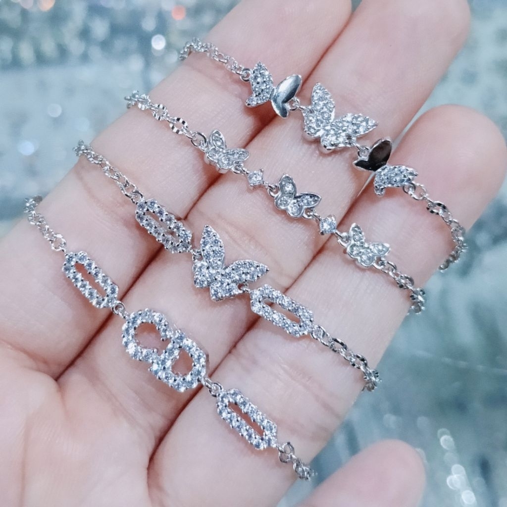 Gelang Rantai Perak 925 Krom Emas Putih - Nori Ukir Motif Kupu-Kupu Dan CD Silver Remaja Dewasa