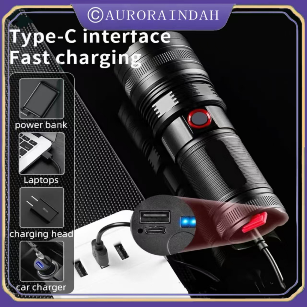 Senter LED Super Terang Jarak Jauh 2000 meter Zoomable Senter  Anti Air Senter LED  USB C Rechargeab