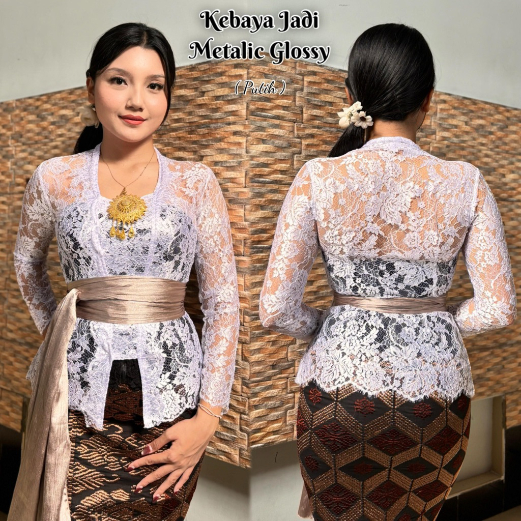 Kebaya Brokat Metalik Glossy Premium Putih | Kebaya Bali | Kebaya Brokat Semi Prancis