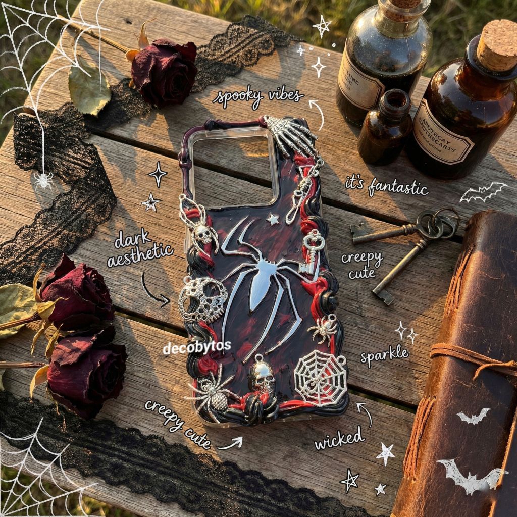 (decobytos) PRE-ORDER Decoden Phone Case Casing “Gothic Silverish Spider” For All Type HP Handmade D