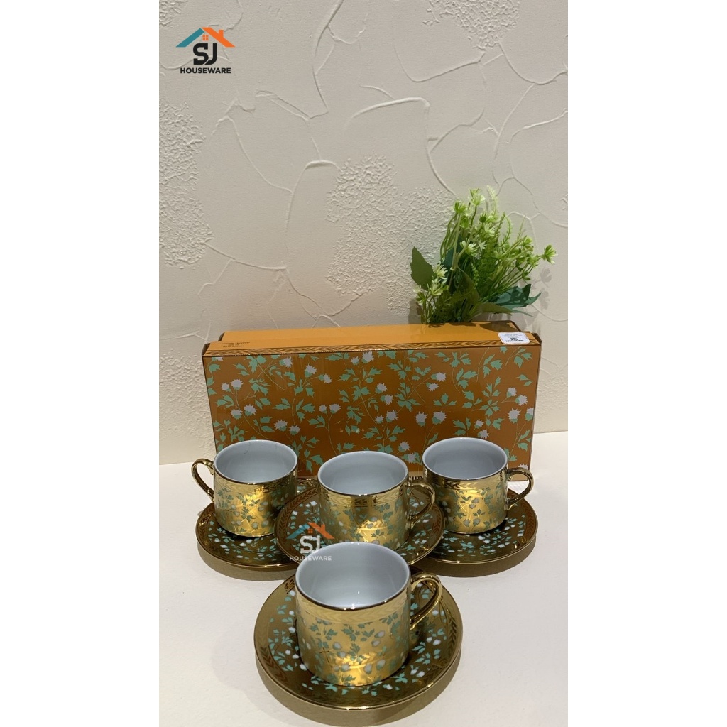 TEA SET NAKAMI E224-GREEN 8 PCS 4+4 (CANGKIR,LEPEK) 200ML NAHAN KERAMIK, DESAIN ELEGANT