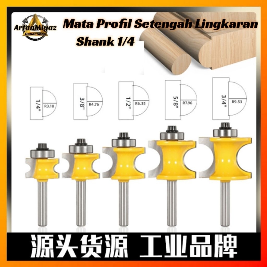 Mata Profil Router Molding Bullnose Setengah Lingkaran Shank 1/4