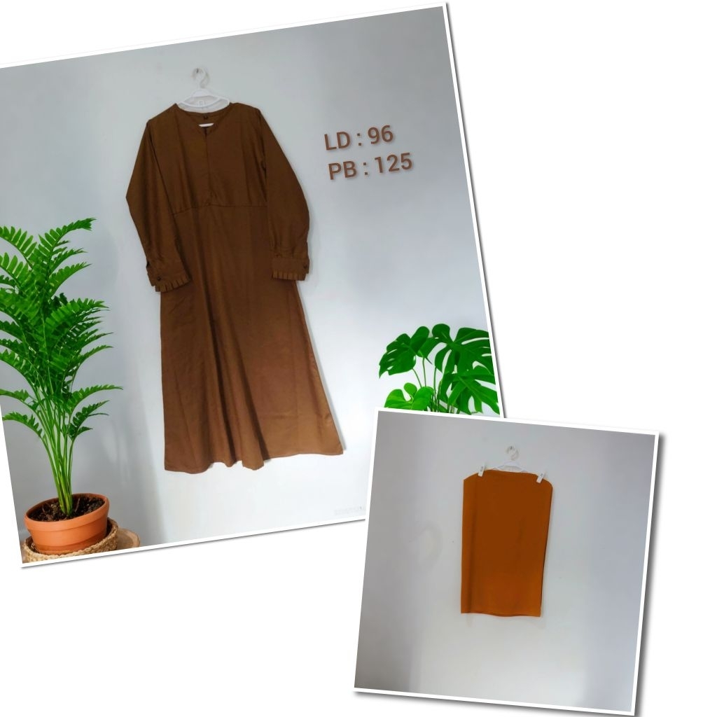 Preloved gamis kerja ASN PNS khaki dan pashmina