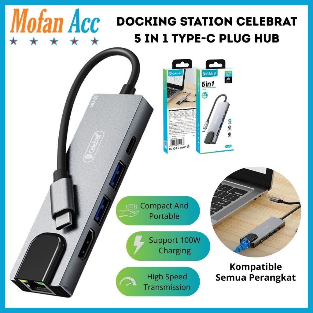 Docking Station Celebrat 5 in 1 Type-C Hub USB 3.0 2.0 HDMI 4K/30Hz Type-C PD 100W Premium