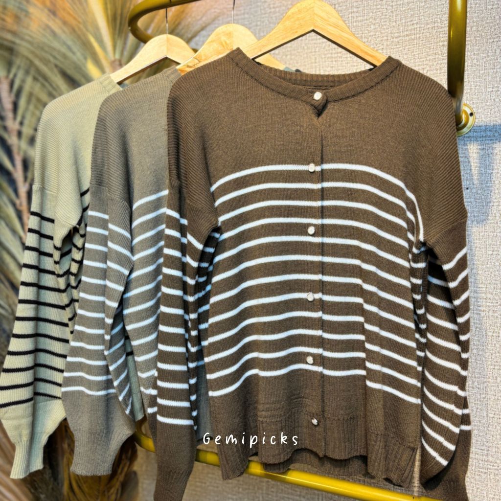 GEMIPICKS Muti Cardigan Wanita Rajut Panjang Stripe | Kancing Mutiara Premium Lengan Balon