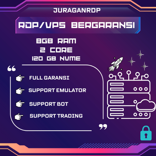 RDP / VPS BULANAN RAM 8GB 2VCPU FULL GARANSI