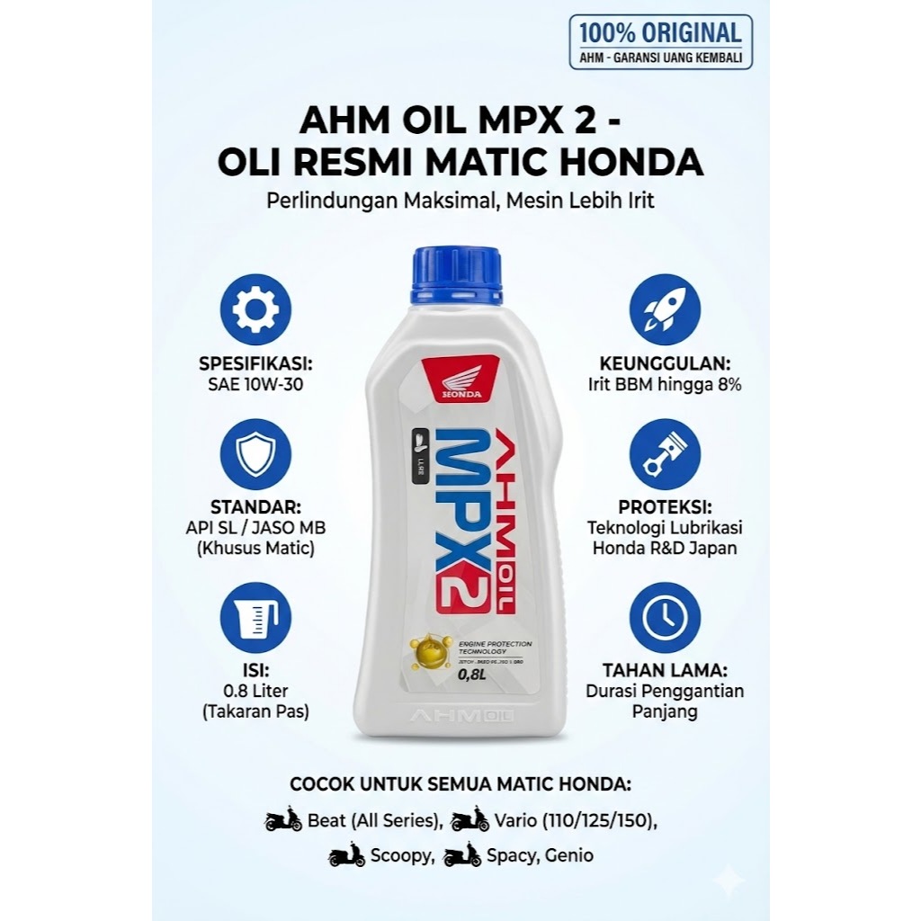 [GROSIR SPAREPART] Oli Motor AHM Oil MPX2 0.8 L 10W-30 Matic