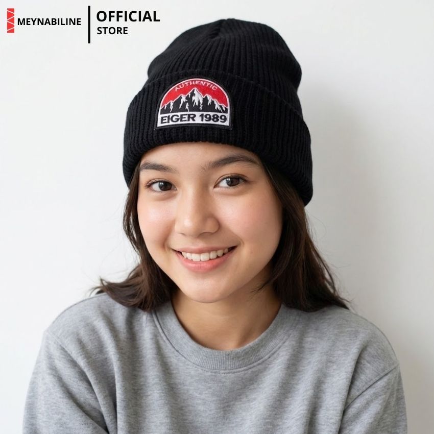 EIGER AUTHENTIC 1989 MOUNTAIN Bordir Topi Kupluk Rajut Beanie Hat Pria/Wanita Tebal V1 Hitam Putih
