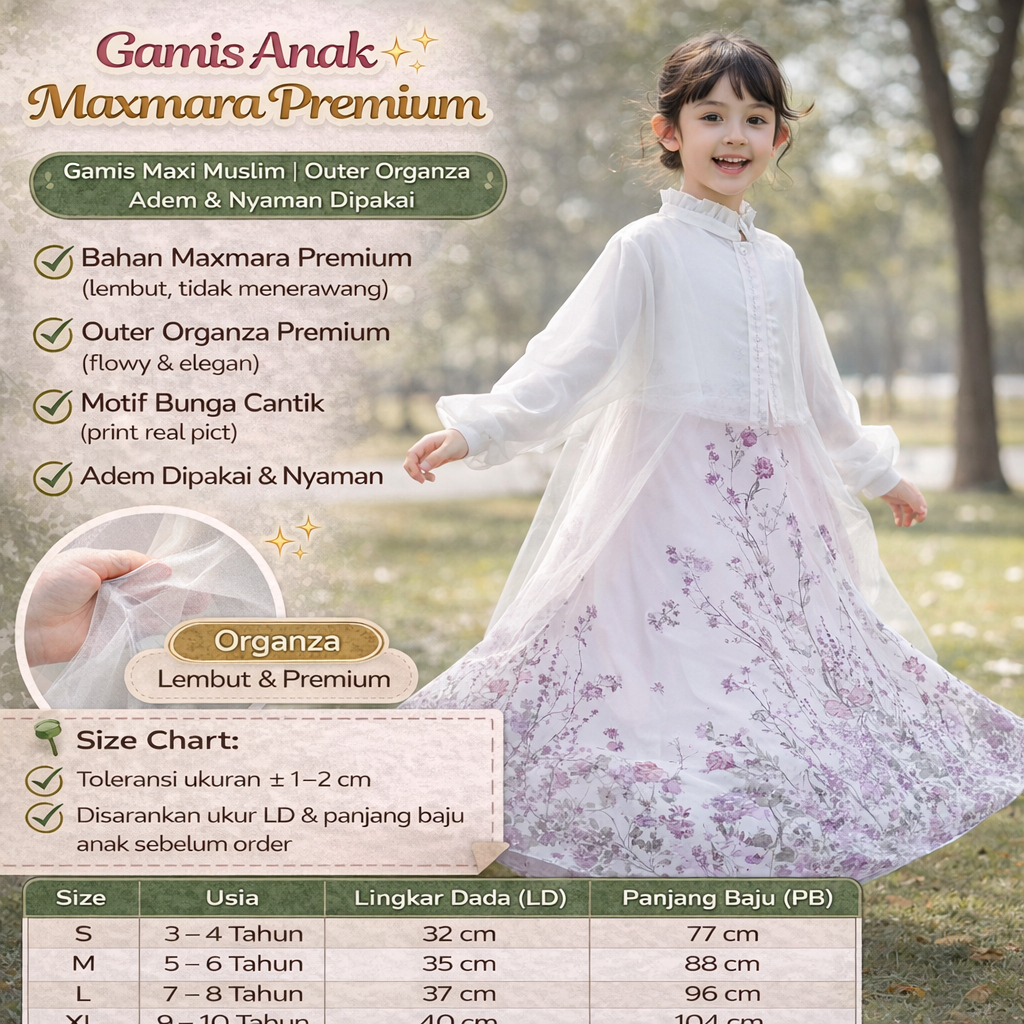 Gamis Anak Maxmara Motif Bunga + Outer Organza | Dress Anak Cantik & Nyaman