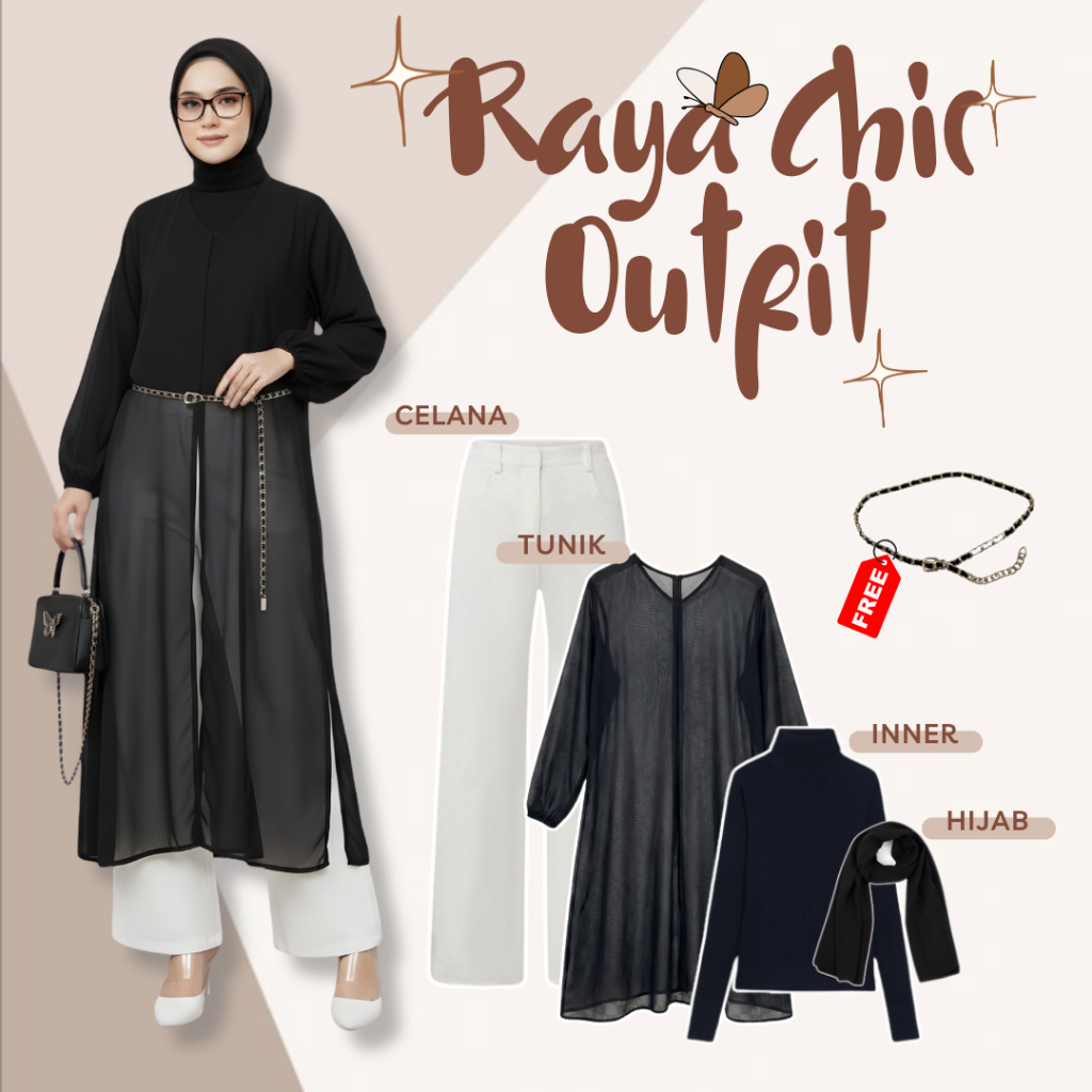 Outfit Simple Wanita Tunik Hitam Ceruty Outer + Celana Scuba + Inner + Pasmina + Rok Pleated | KJ99