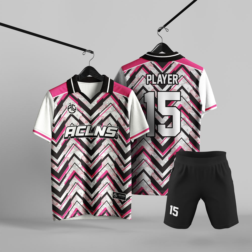Setelan Jersey Futsal Tim Unisex Putih Motif Zigzag Pink Hitam Berkerah