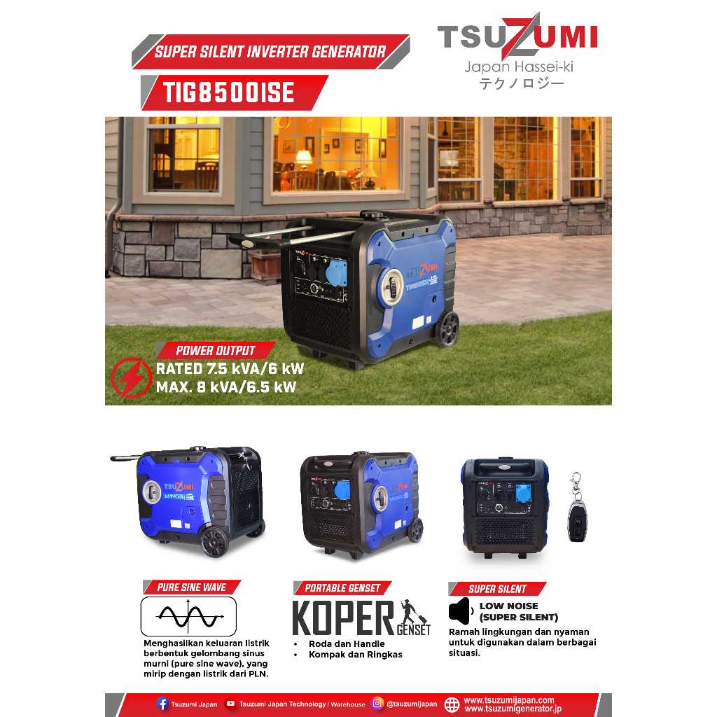 Genset Portable Silent 6500 Watt 7 KVA / Generator Tsuzumi TIG8500ISE