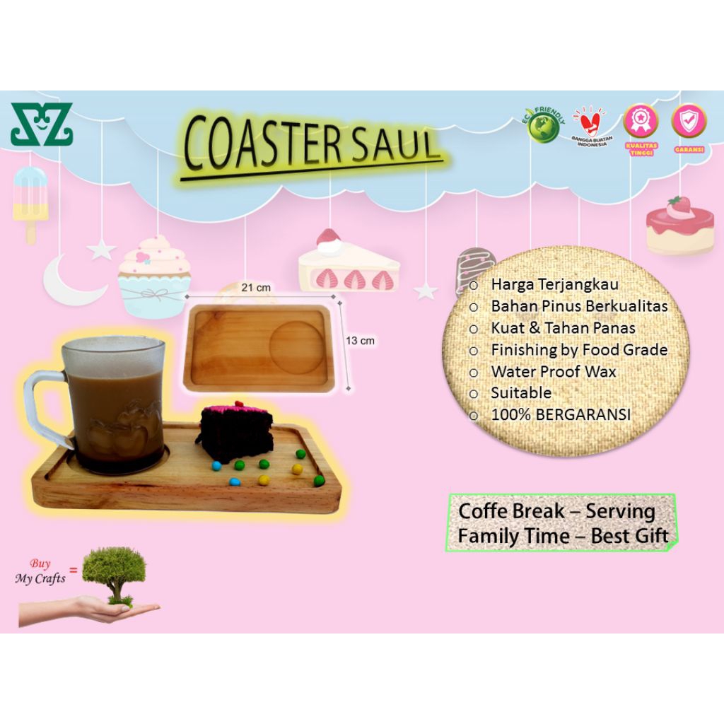 senthong coaster Saul coaster kayu pinus tatakan gelas kayu food grade piring kue snack