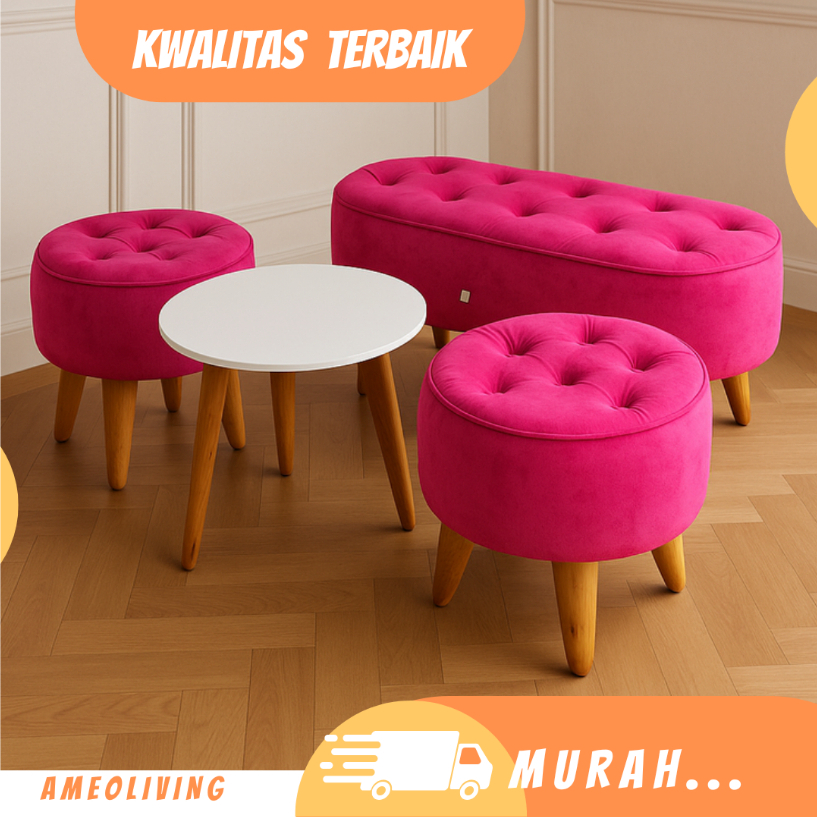 Set Sofa Bundling Kaki Kayu - 1 Bench Oval 90 + 2 Stool Bulat + 1 Meja - Set Sofa - 1 Set Sofa