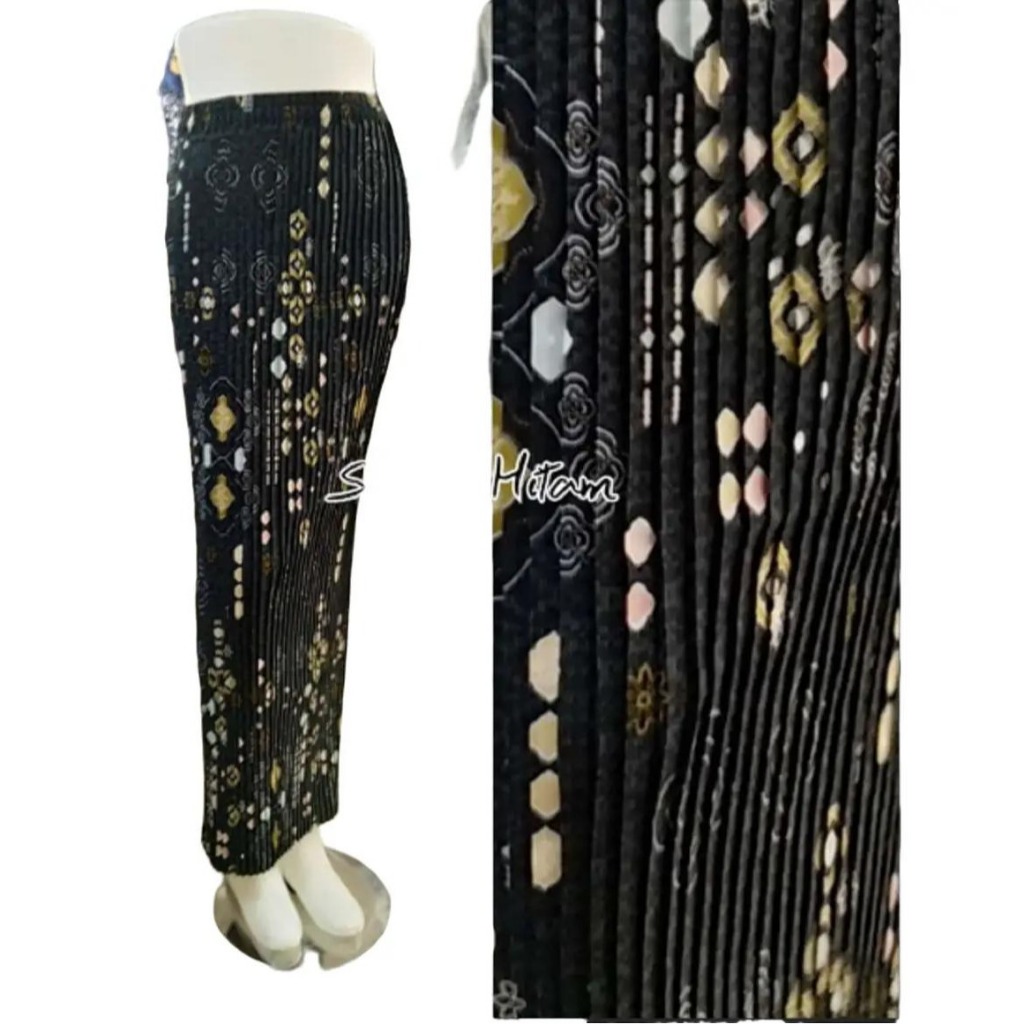 Rok Batik Wanita Model Plisket Bahan Semi Sutra Silky Motif Sniper Warna Hitam
