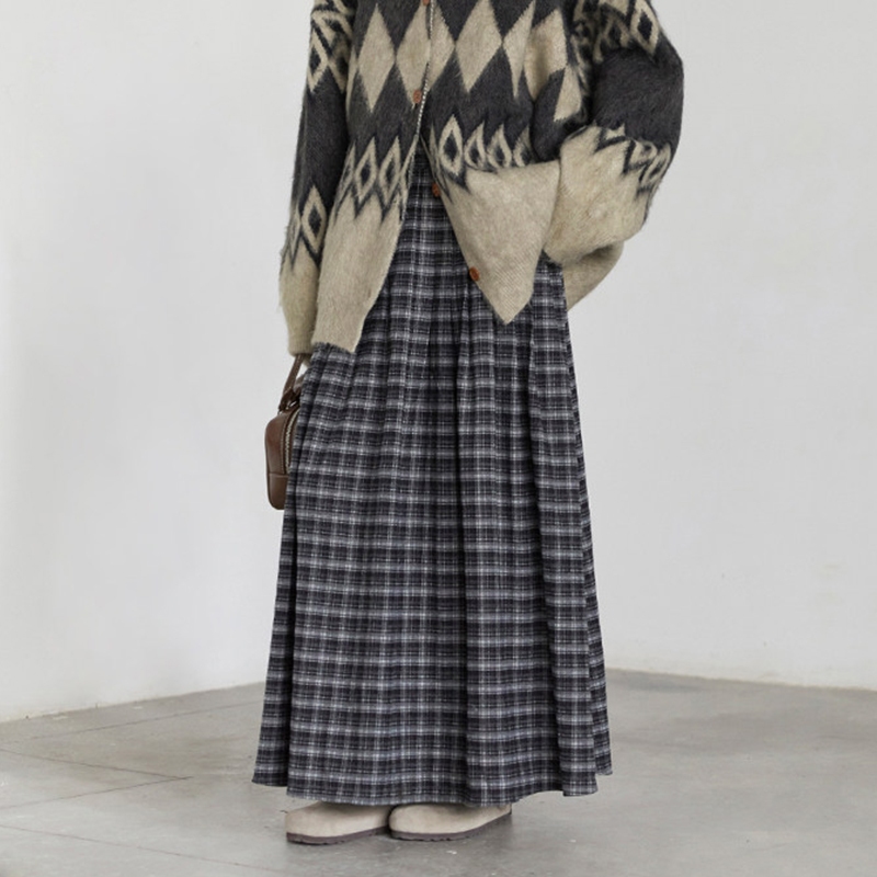 Rok midi lipit motif kotak-kotak retro baru, rok panjang yang membuat tubuh terlihat langsing-97