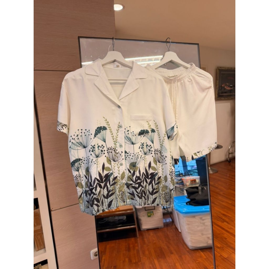 set piyama rayon twill bunga hijau premium