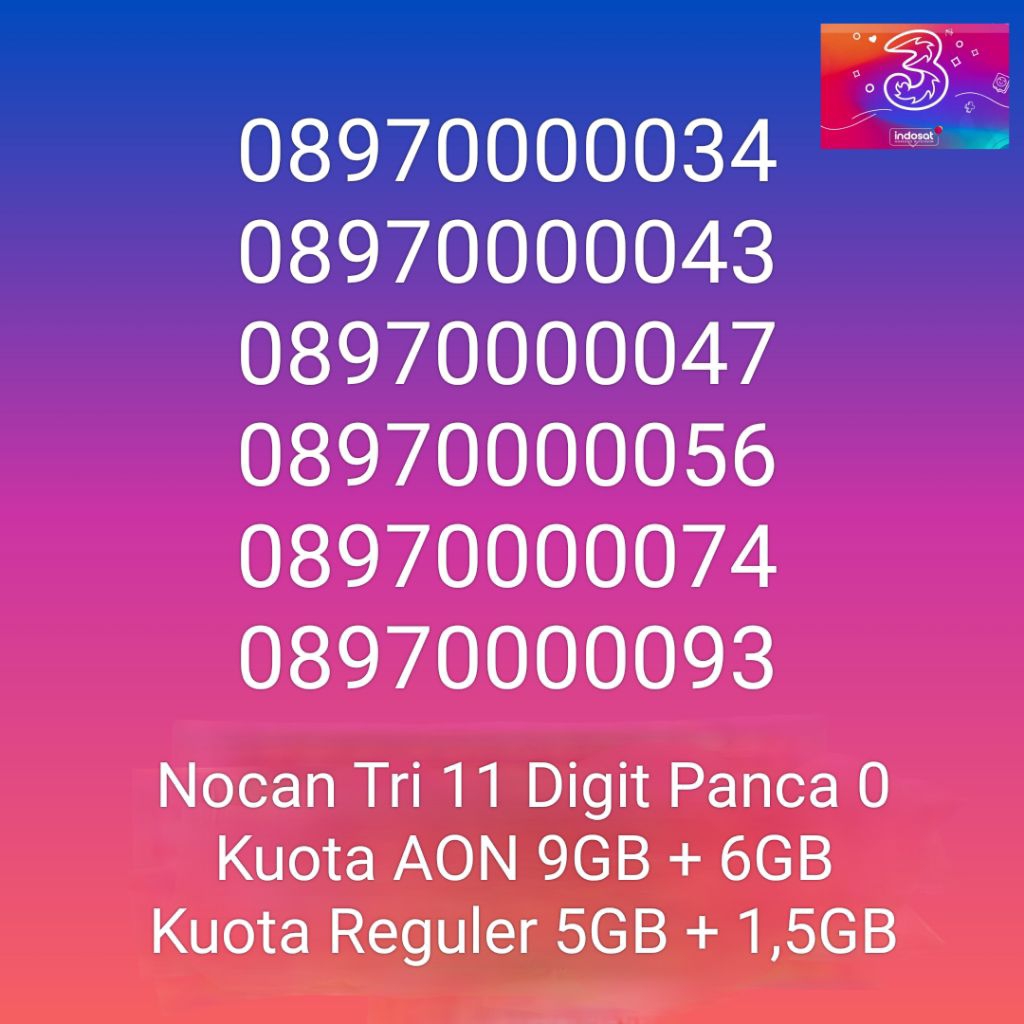 NOCAN Nomor Cantik 11 Digit Panca 0 Tengah Kartu Perdana 3 Tri Three 4G LTE Kuota 3GB REGULER