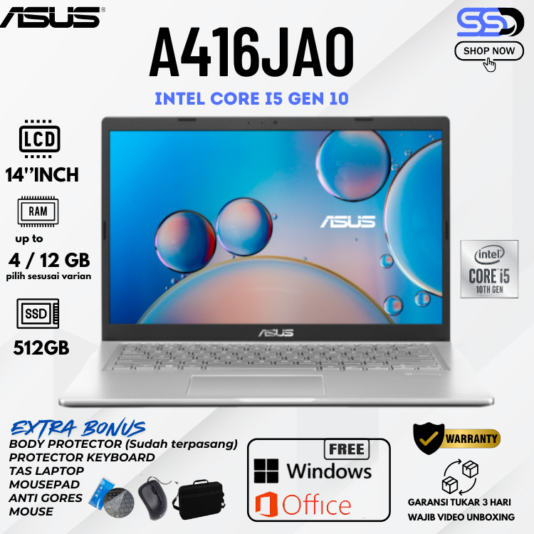 ASUS A416JAO Core i5-1035G1 RAM 12GB / SSD 512GB 14''FHD BACKLIT Win 11 free TAS LAPTOP DAN MOUSE