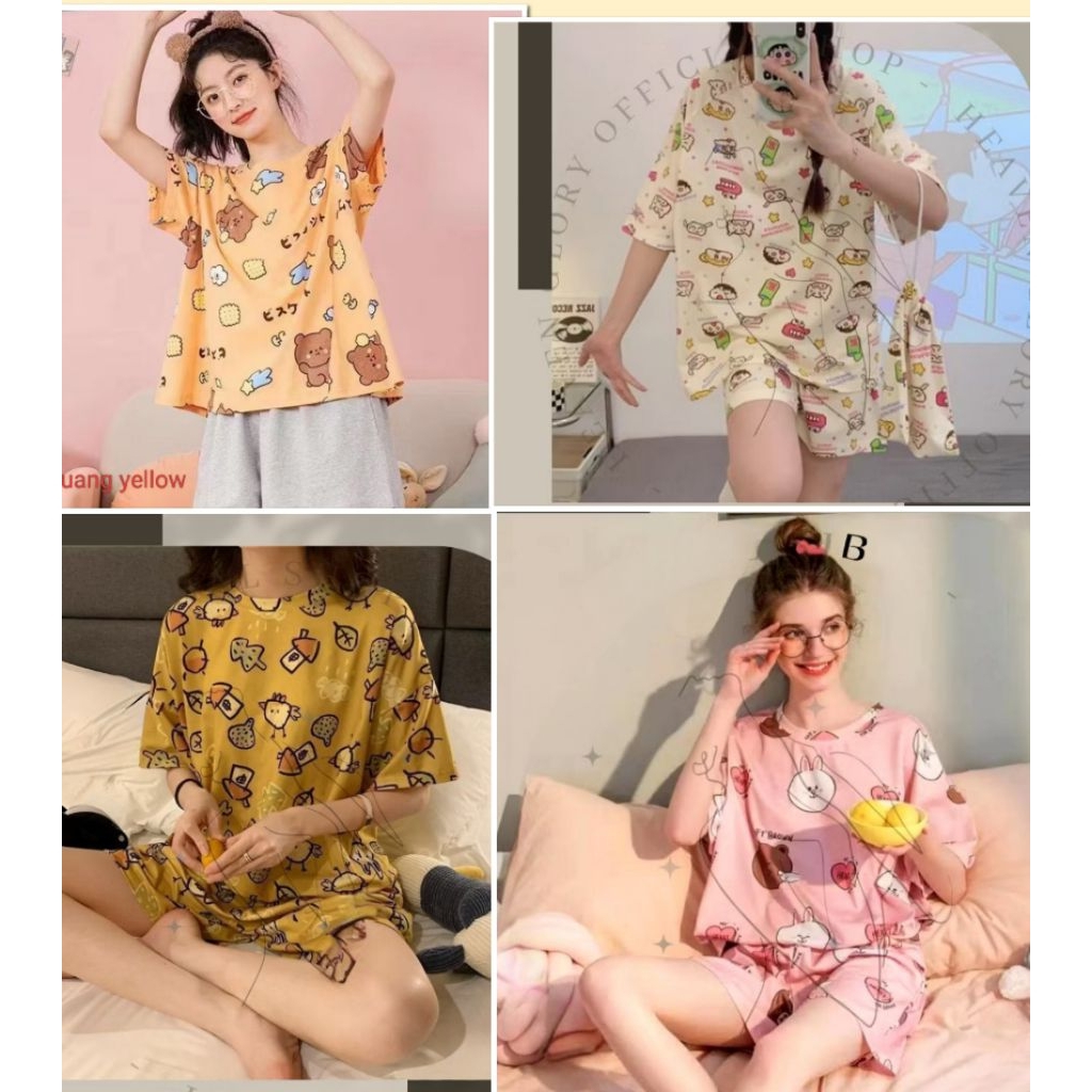 SETELAN PIYAMA WANITA DEWASA MOTIF KARAKTER LUCU BAJU LENGAN PENDEK + CELANA PENDEK | BAJU TIDUR PEN