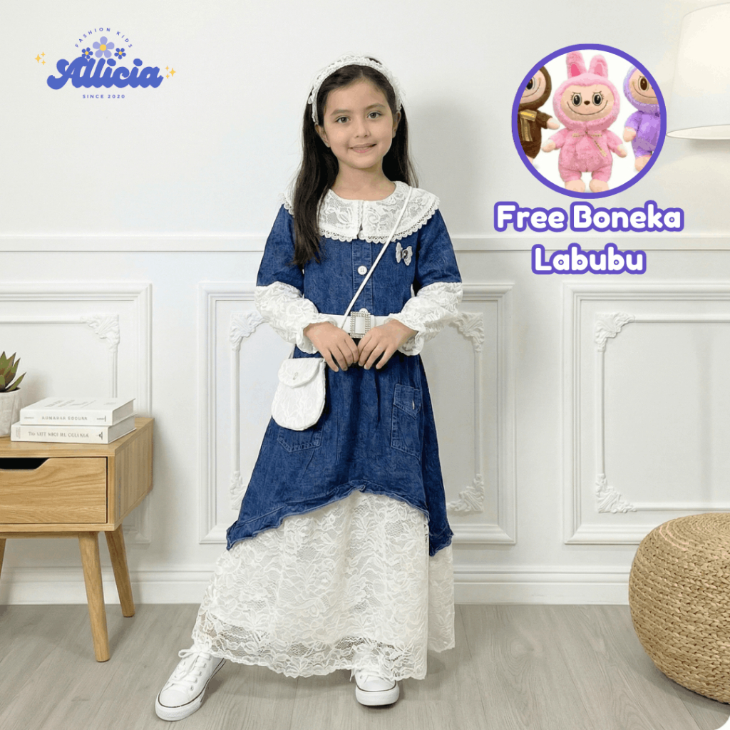 Dress Gamis Jeans Mix Brokat Anak Perempuan Import Usia 3-10 Tahun Free Tas & Belt Bisa COD
