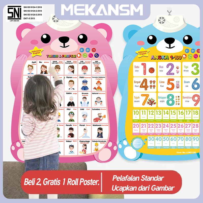 MEKANSM Poster Edukasi Anak Bersuara/Poster Dinding Bahasa Indonesia /Gambar Edukasi anak