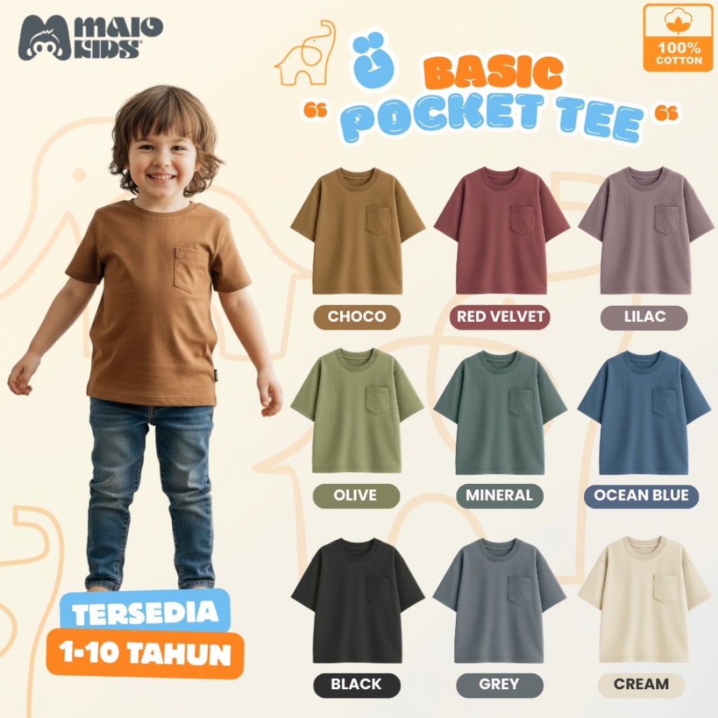 MAIO KIDS Kaos POCKET Anak Oversize | Kaos Polos Anak Katun Premium | Baju Pocket Anak Unisex