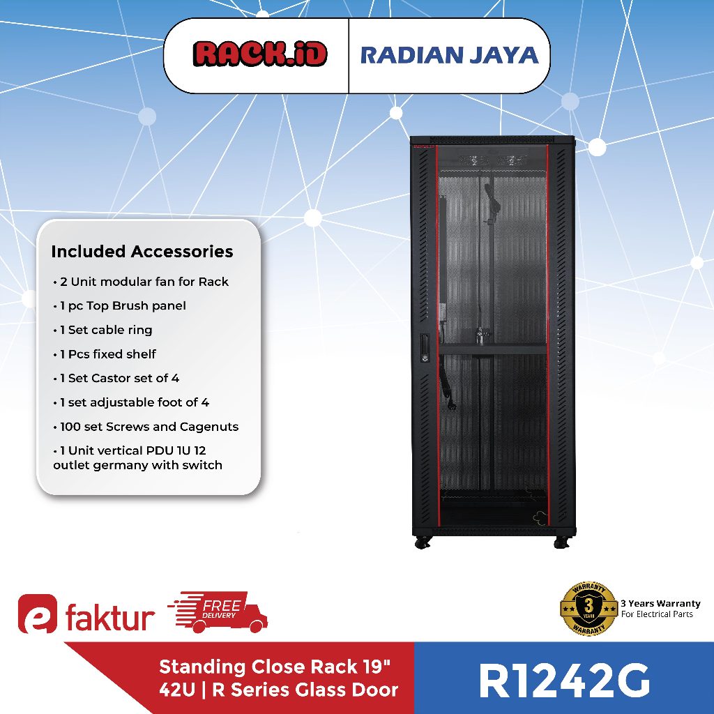 Close Rack RACKID 42U Rack Server 42U Depth 1200mm Rak CCTV Modem Switch R1242G Glass Door