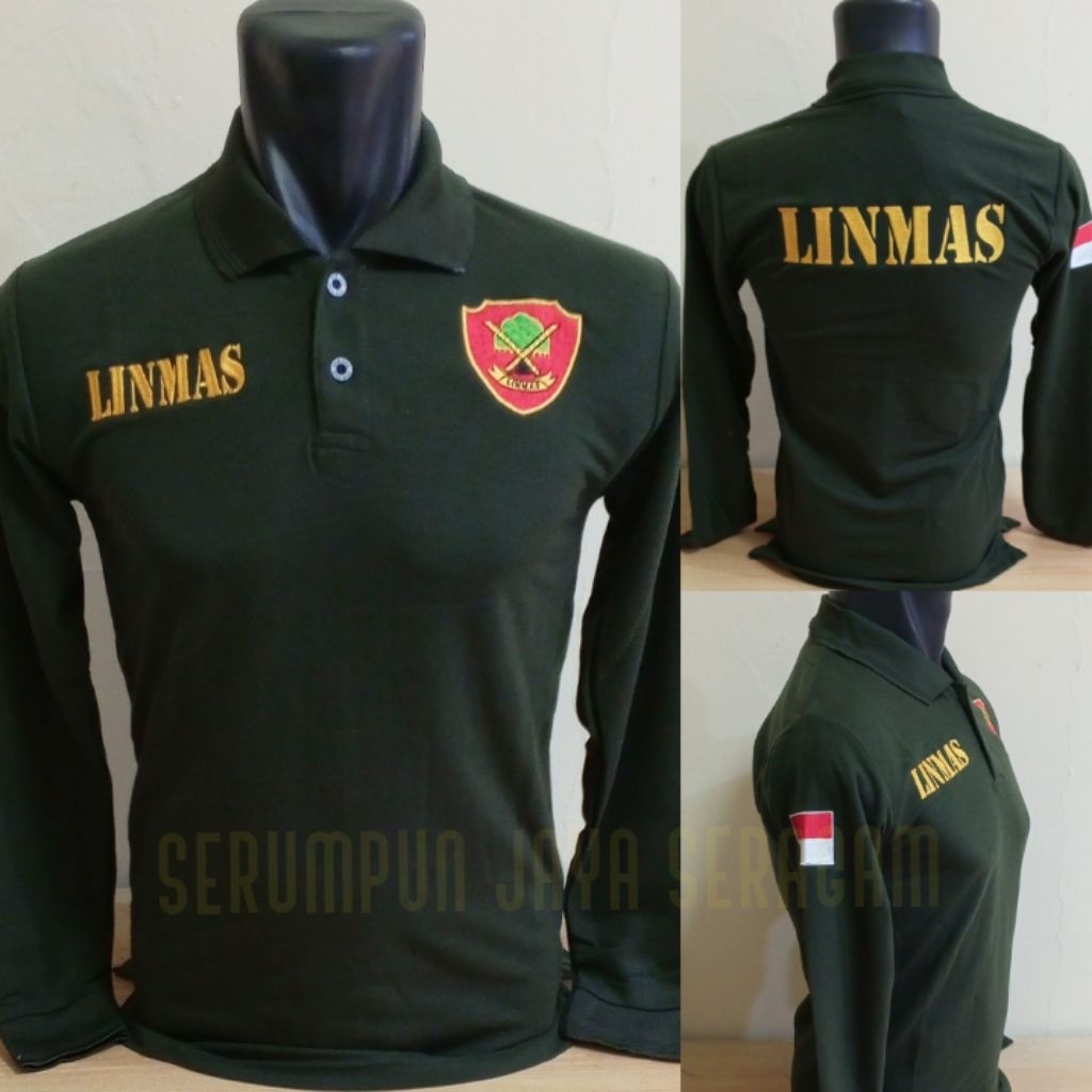 KAOS LINMAS HIJAU ARMY LENGAN PANJANG FULL BORDIR - KAOS KERAH LINMAS HIJAU ARMY PANJANG BORDIR - KA