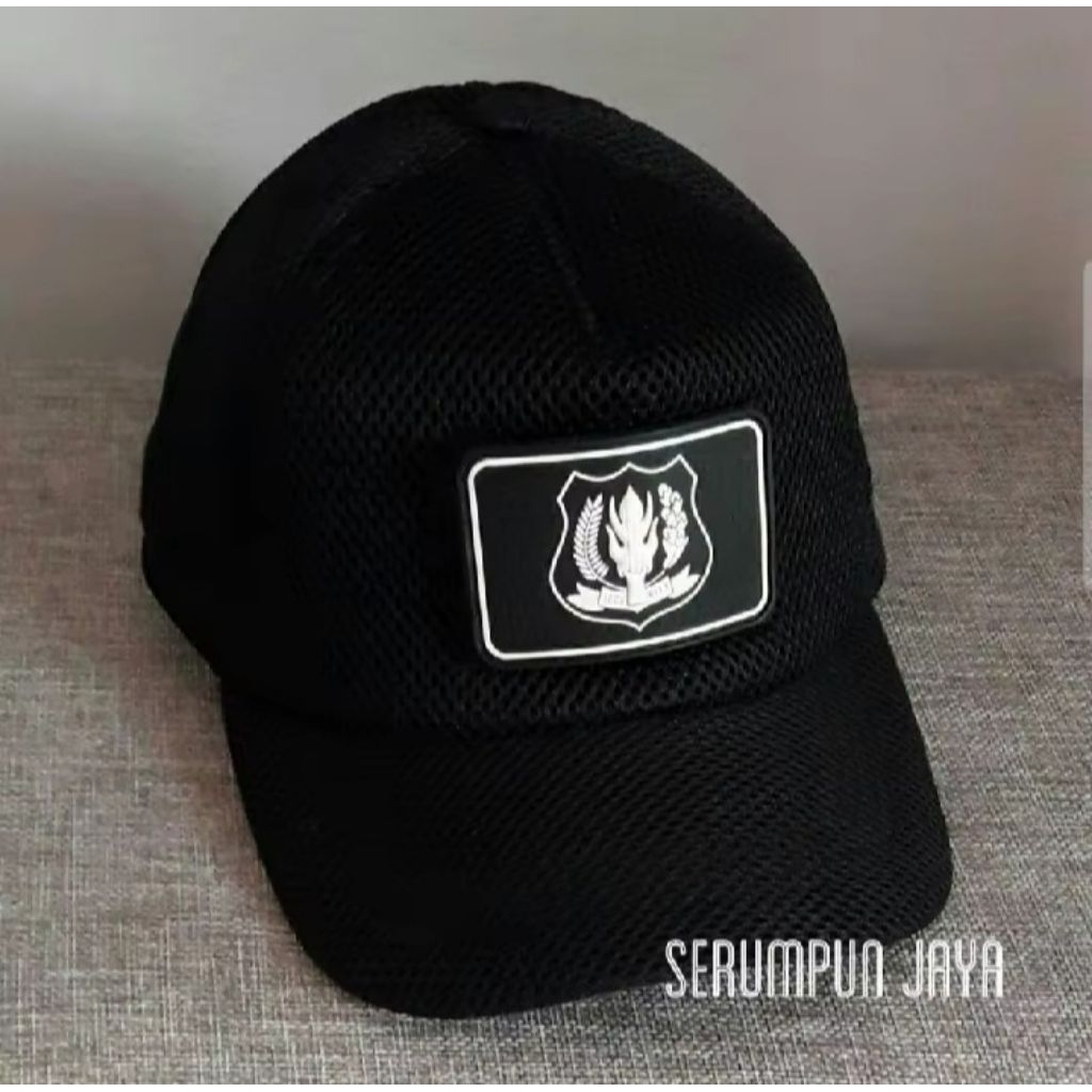 TOPI JARING DOUBLE MESH HITAM SECURITY LOGO PUTIH 1 PATCH RUBBER - TOPI SECURITY LOGO PUTIH 1 PATCH 