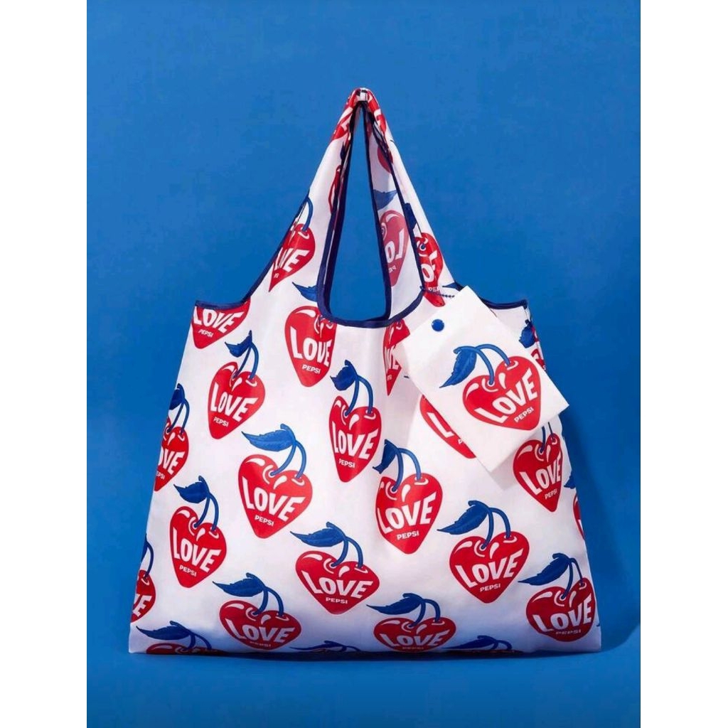 PEPSI X SHEIN 1pc Cute Cartoon Pattern Foldable Shopping Bag, Tote Bag With Detachable Pouch With Be